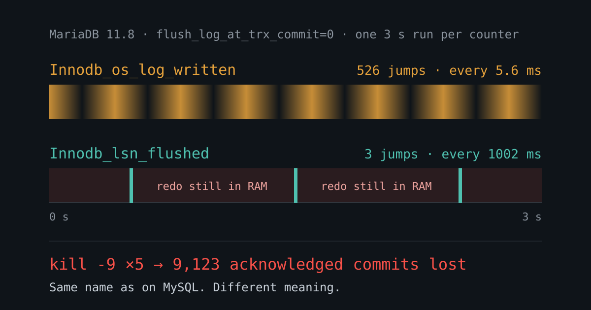 Hai dòng thời gian 3 giây của bộ đếm redo trên MariaDB 11.8 ở flush_log_at_trx_commit=0: Innodb_os_log_written nhảy 526 lần, mỗi 5,6 ms; Innodb_lsn_flushed nhảy 3 lần, mỗi 1002 ms, giữa các lần nhảy redo vẫn nằm trong RAM; bên dưới, kill -9 năm lần làm mất 9.123 commit đã báo thành công